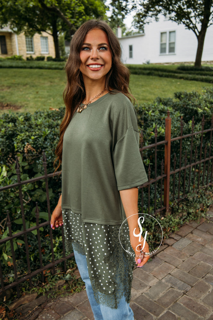 Lace And Dots Top - Olive