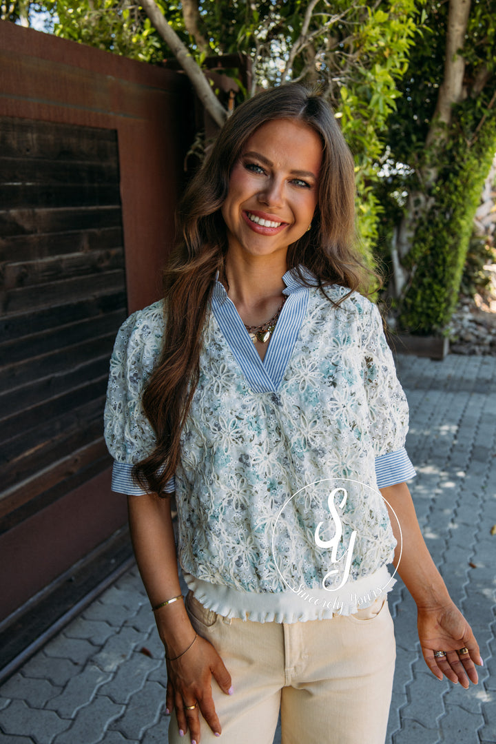 Picked Fresh Blouse - Cream/Blue