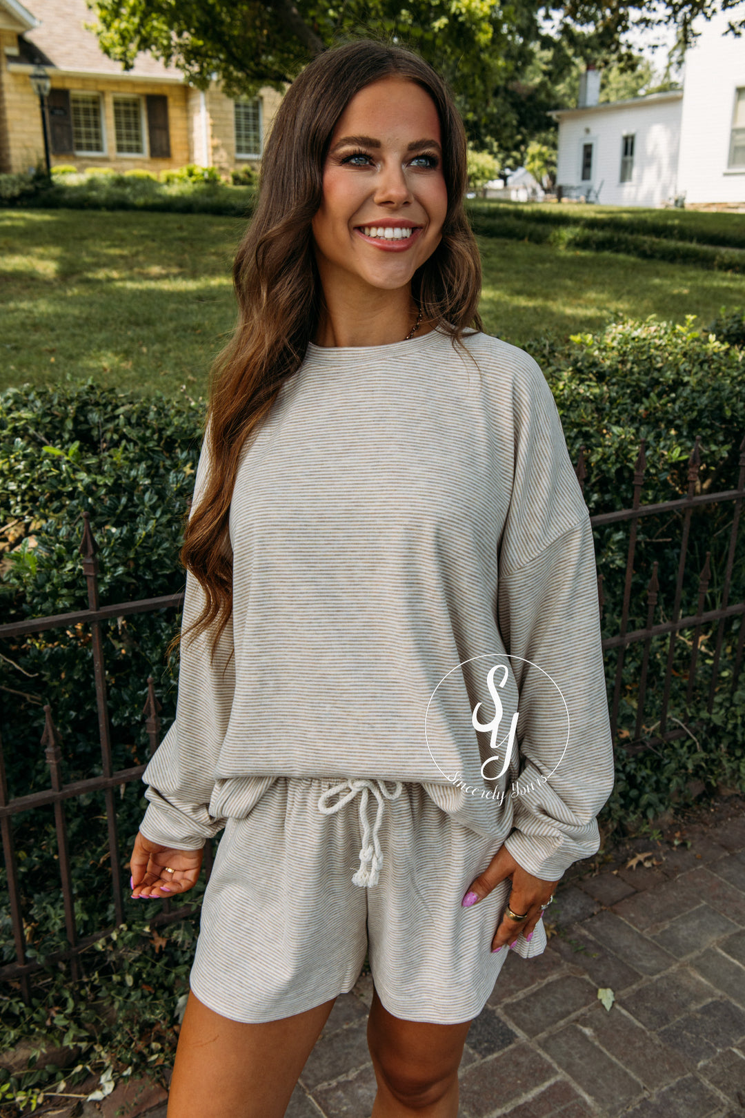 Fall Comfy Striped Set - Taupe/White