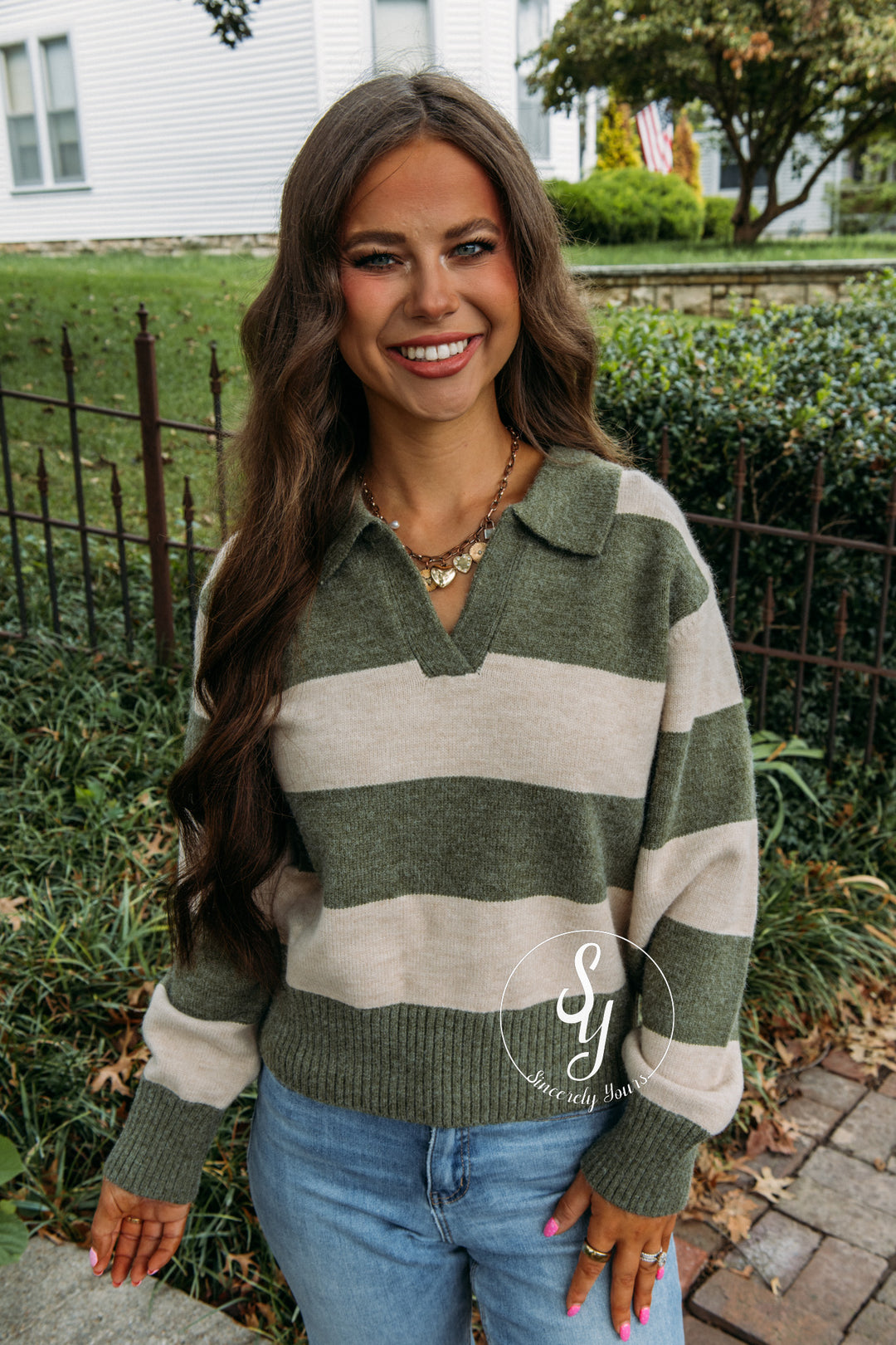 Cozy Lines Striped Sweater - Olive Green