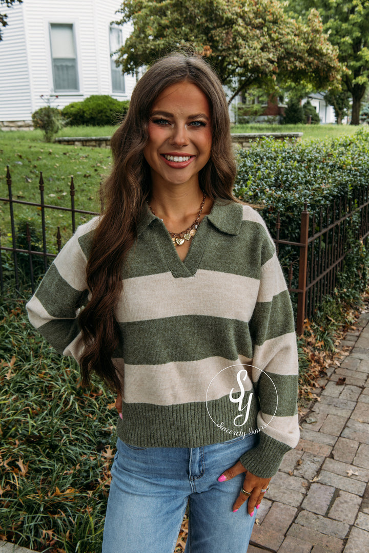 Cozy Lines Striped Sweater - Olive Green