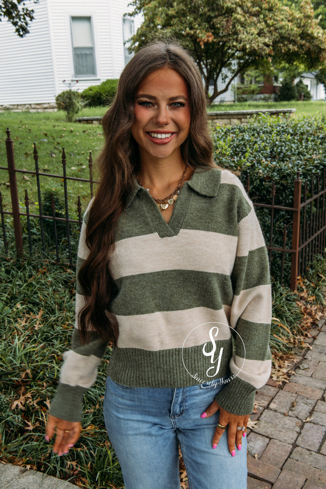 Cozy Lines Striped Sweater - Olive Green