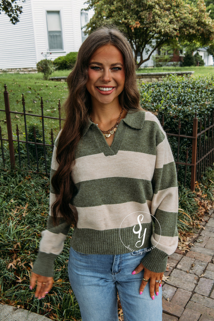 Cozy Lines Striped Sweater - Olive Green