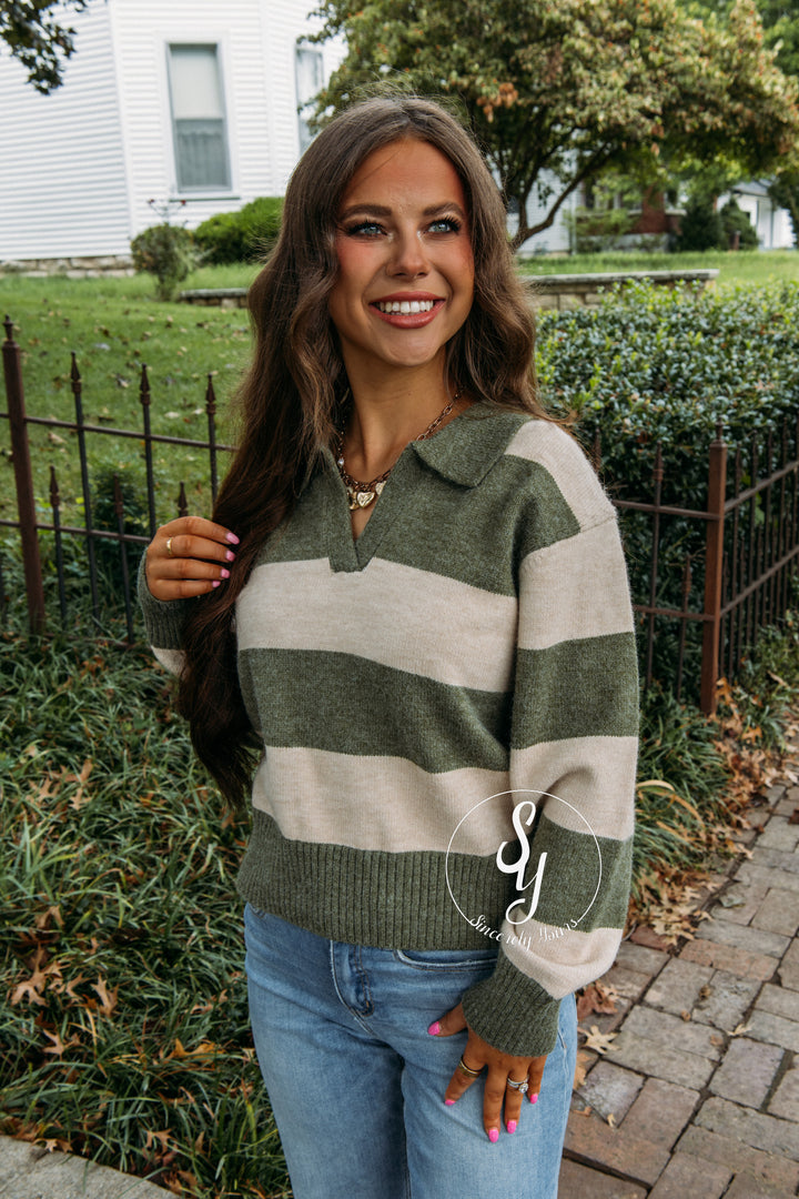 Cozy Lines Striped Sweater - Olive Green