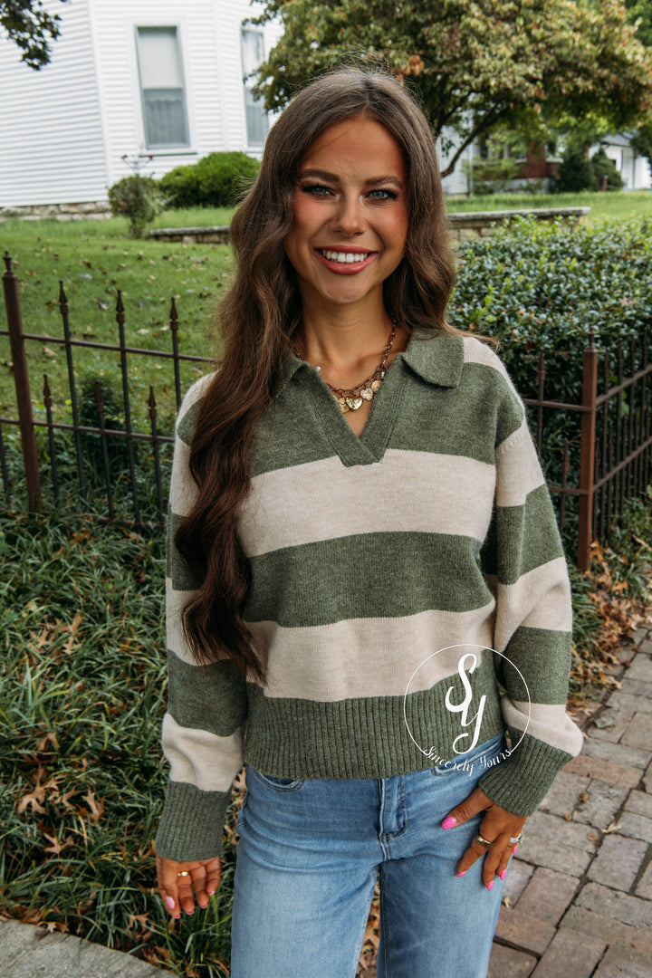 Cozy Lines Striped Sweater - Olive Green