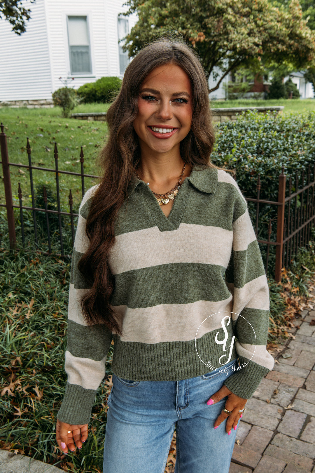 Cozy Lines Striped Sweater - Olive Green