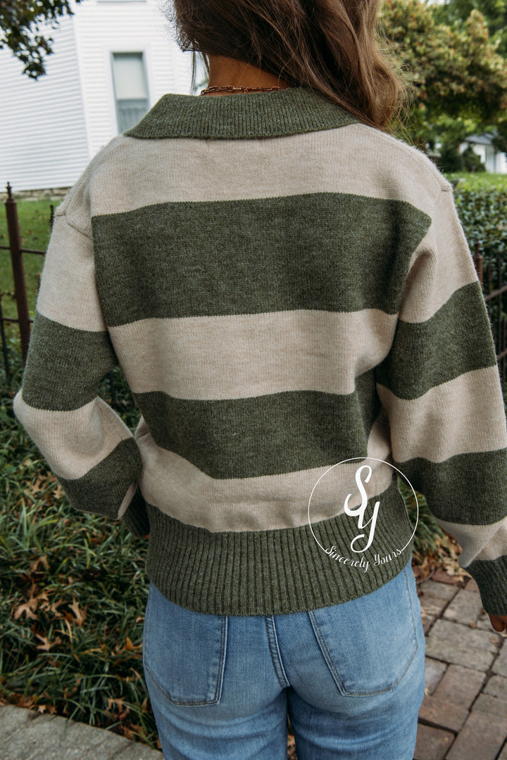 Cozy Lines Striped Sweater - Olive Green