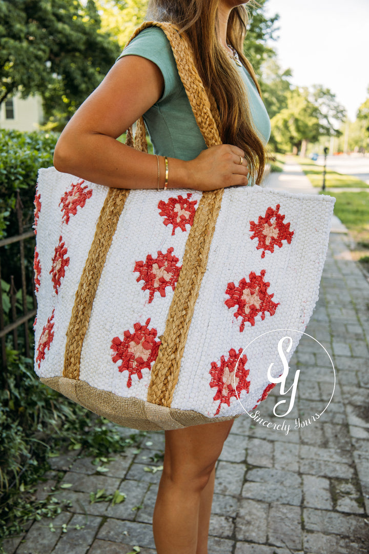 Parker Tote Bag - Ivory/Red