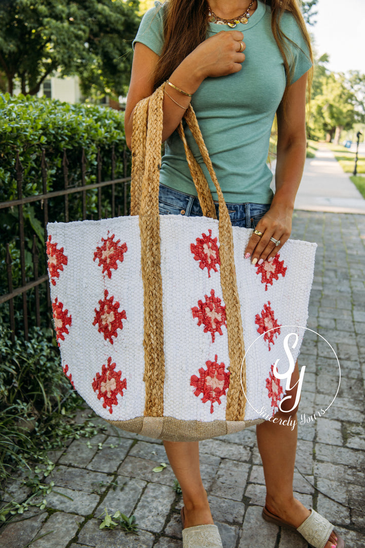 Parker Tote Bag - Ivory/Red
