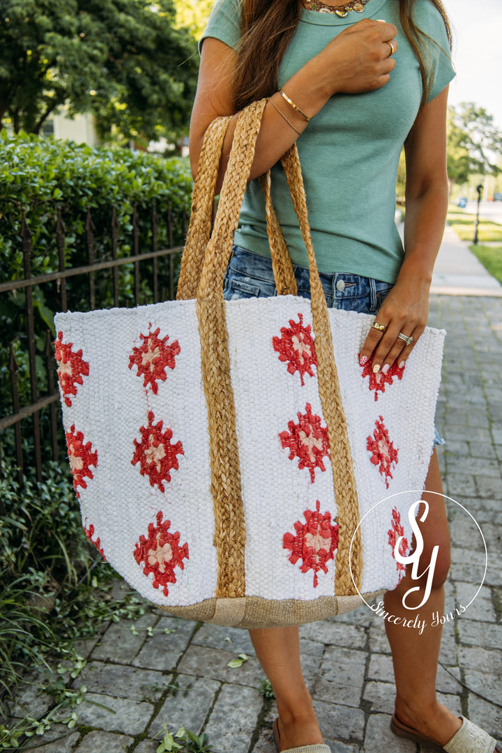 Parker Tote Bag - Ivory/Red