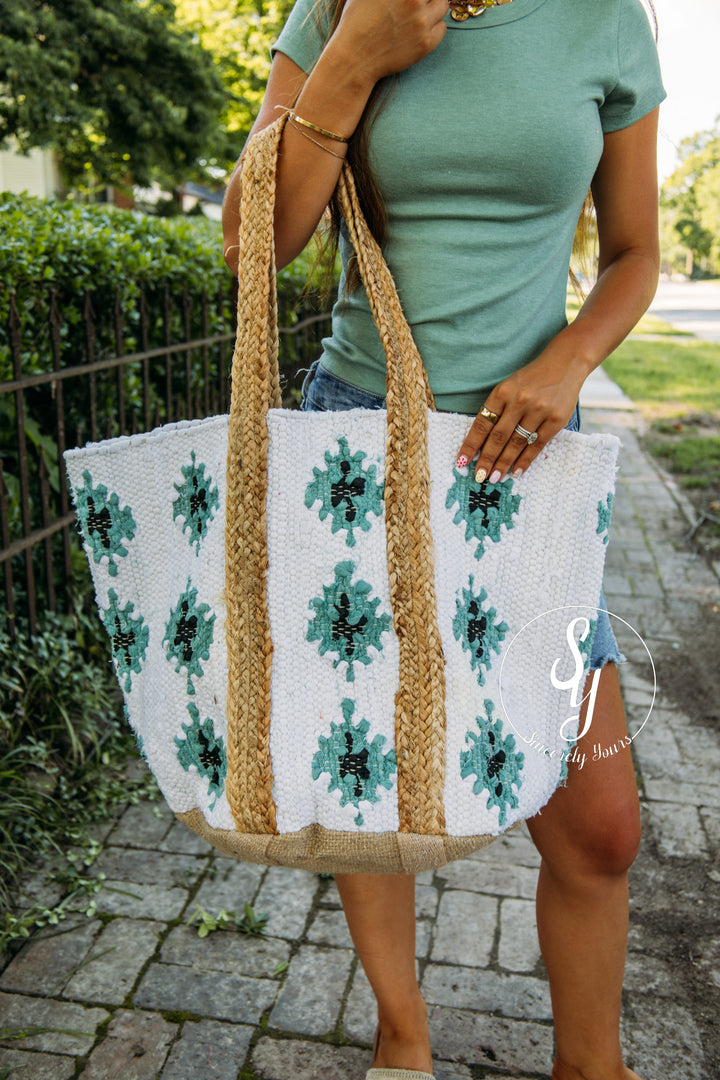 Parker Tote Bag - Ivory/Teal