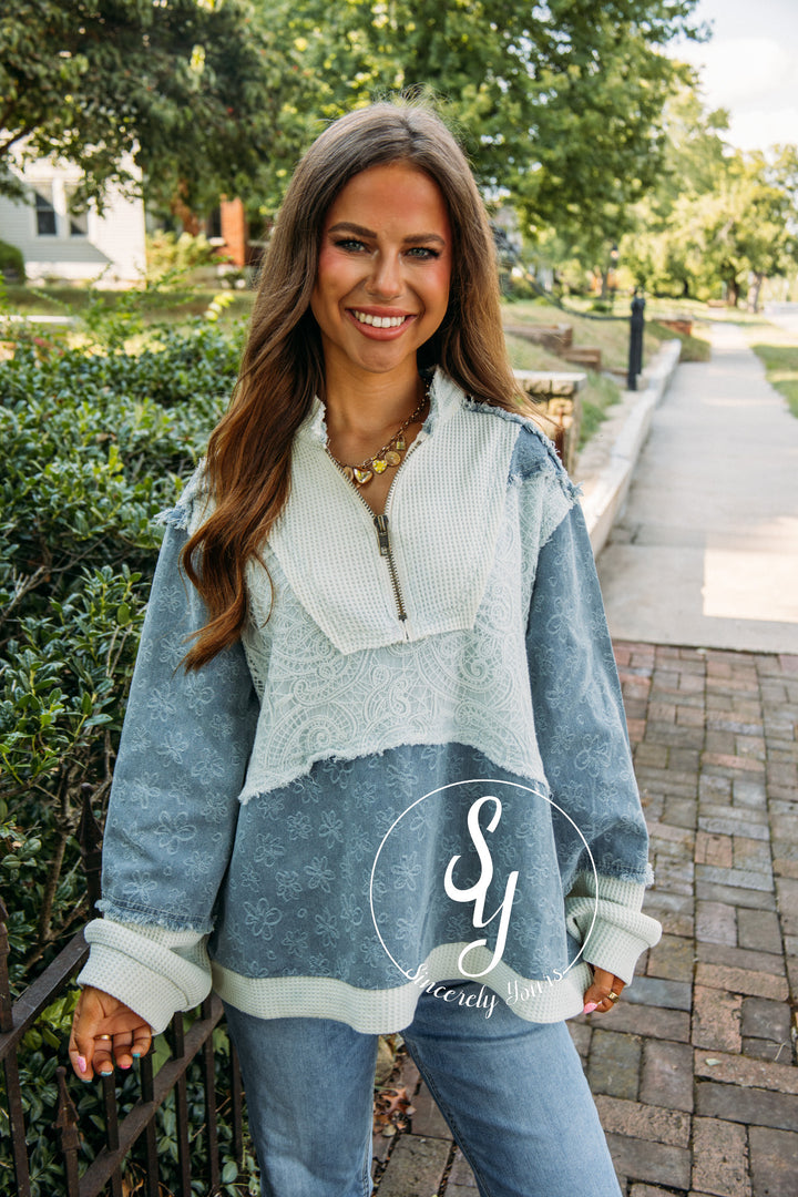 Roxanne's Flower Pullover- Denim Multi