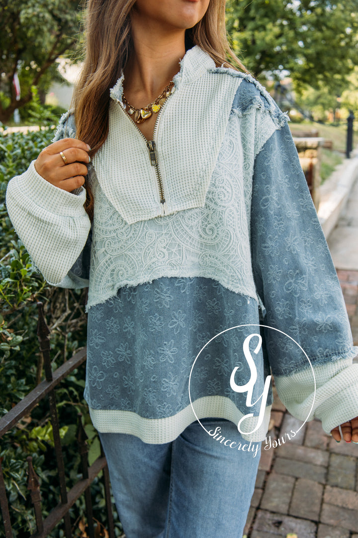 Roxanne's Flower Pullover- Denim Multi