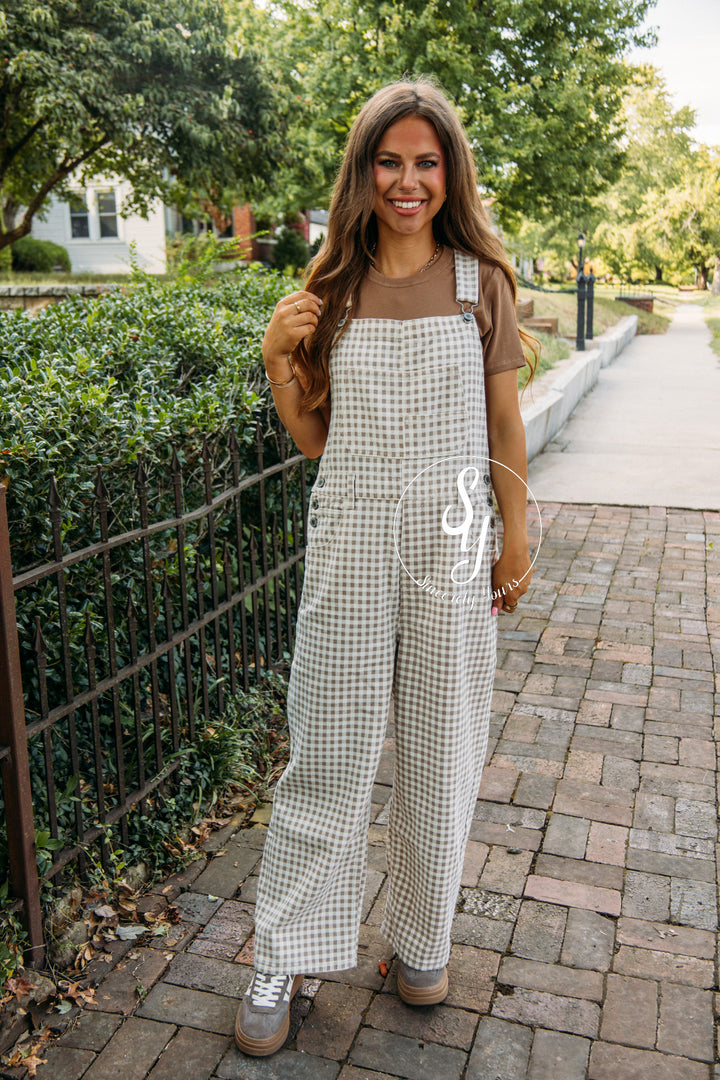 Checkered Love Overalls-Cream/Taupe