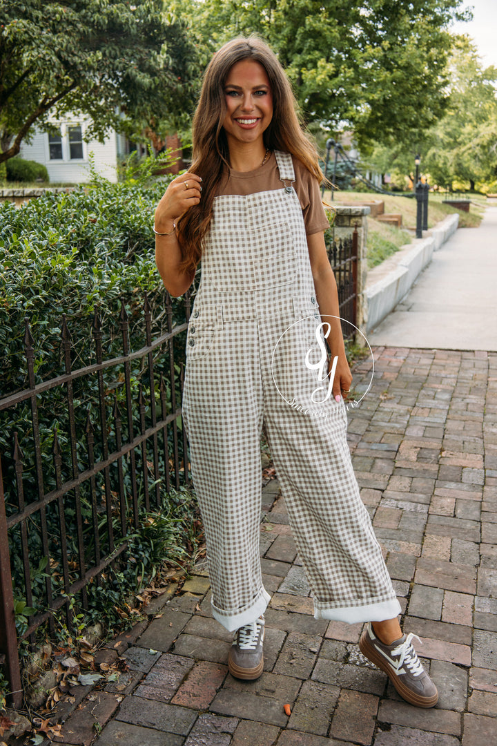Checkered Love Overalls-Cream/Taupe