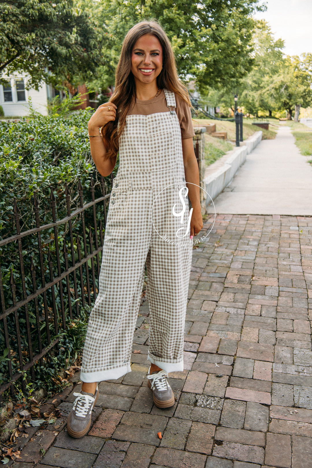 Checkered Love Overalls-Cream/Taupe