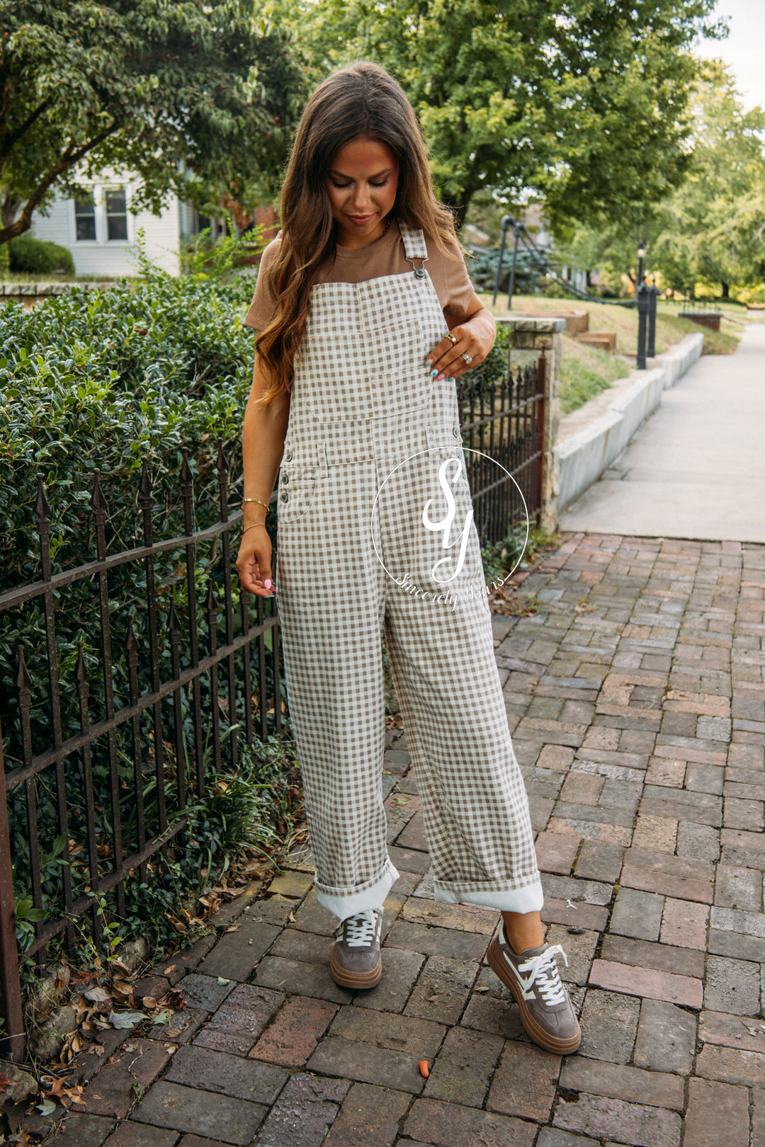 Checkered Love Overalls-Cream/Taupe