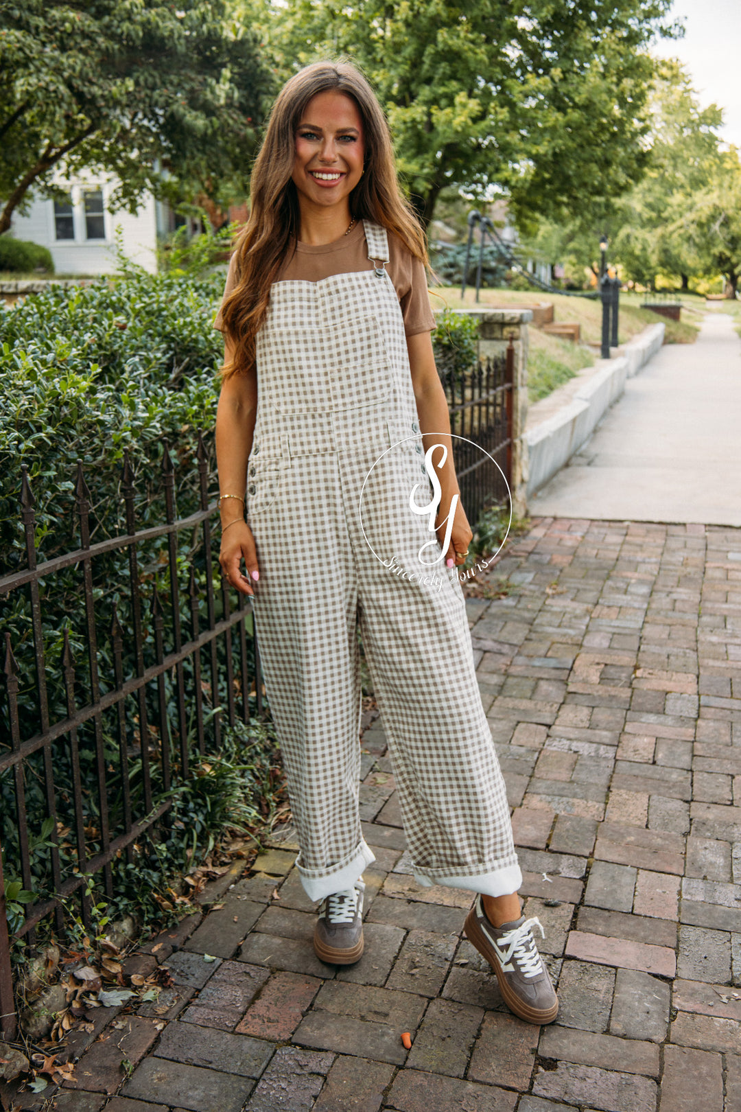 Checkered Love Overalls-Cream/Taupe