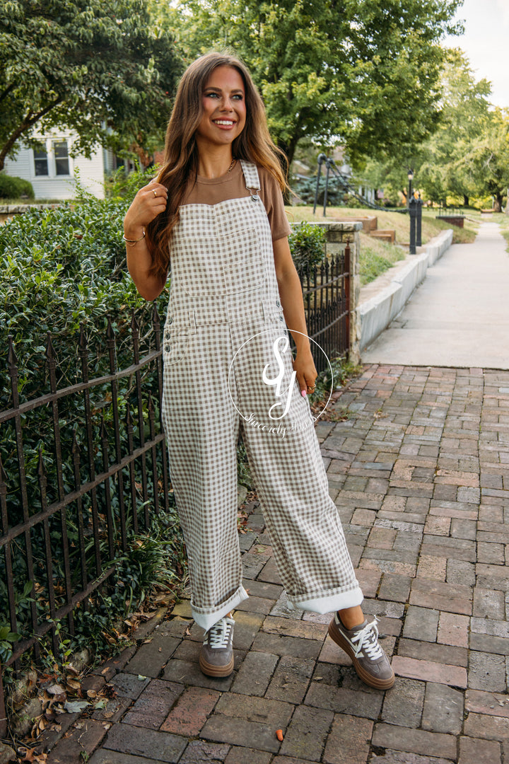 Checkered Love Overalls-Cream/Taupe