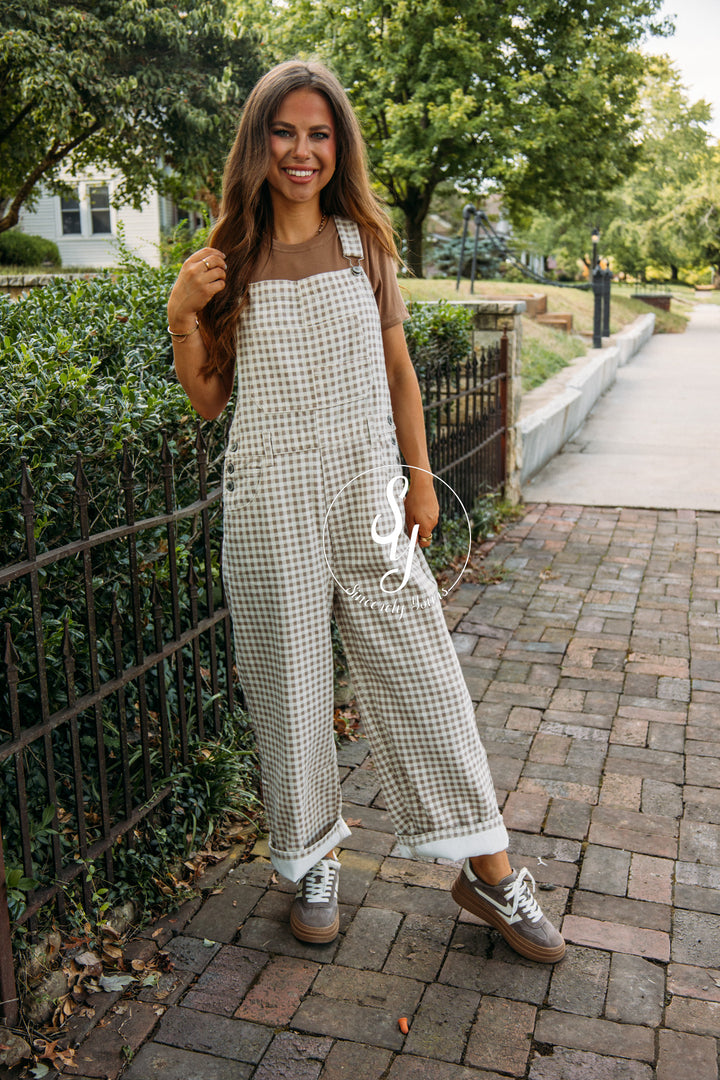 Checkered Love Overalls-Cream/Taupe