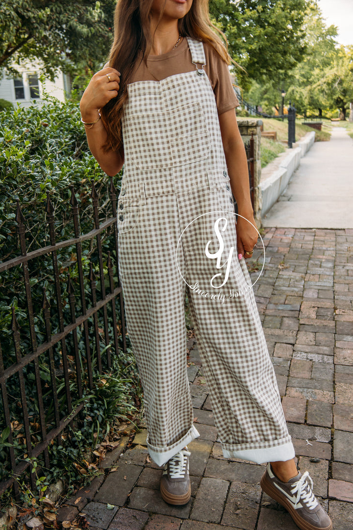 Checkered Love Overalls-Cream/Taupe