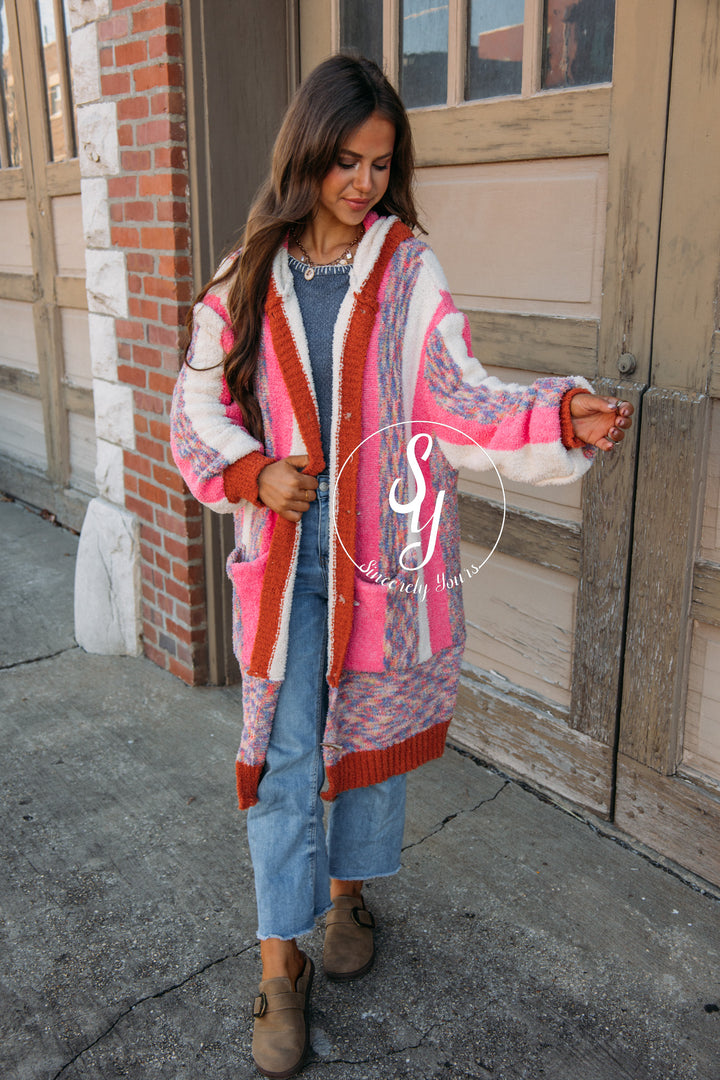 Pink Stripe Love Cardigan - Pink