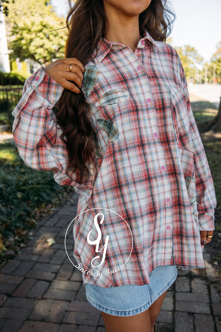 Flower Plaid Top - Red Combo