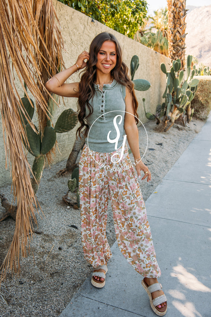 Simple Floral Joggers- Ivory Multi
