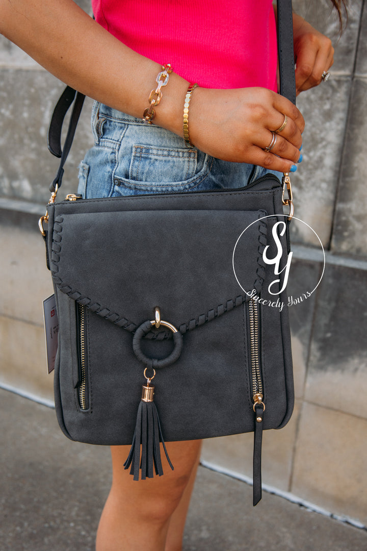 Layla Faux Suede Whipstitch Crossbody - Charcoal
