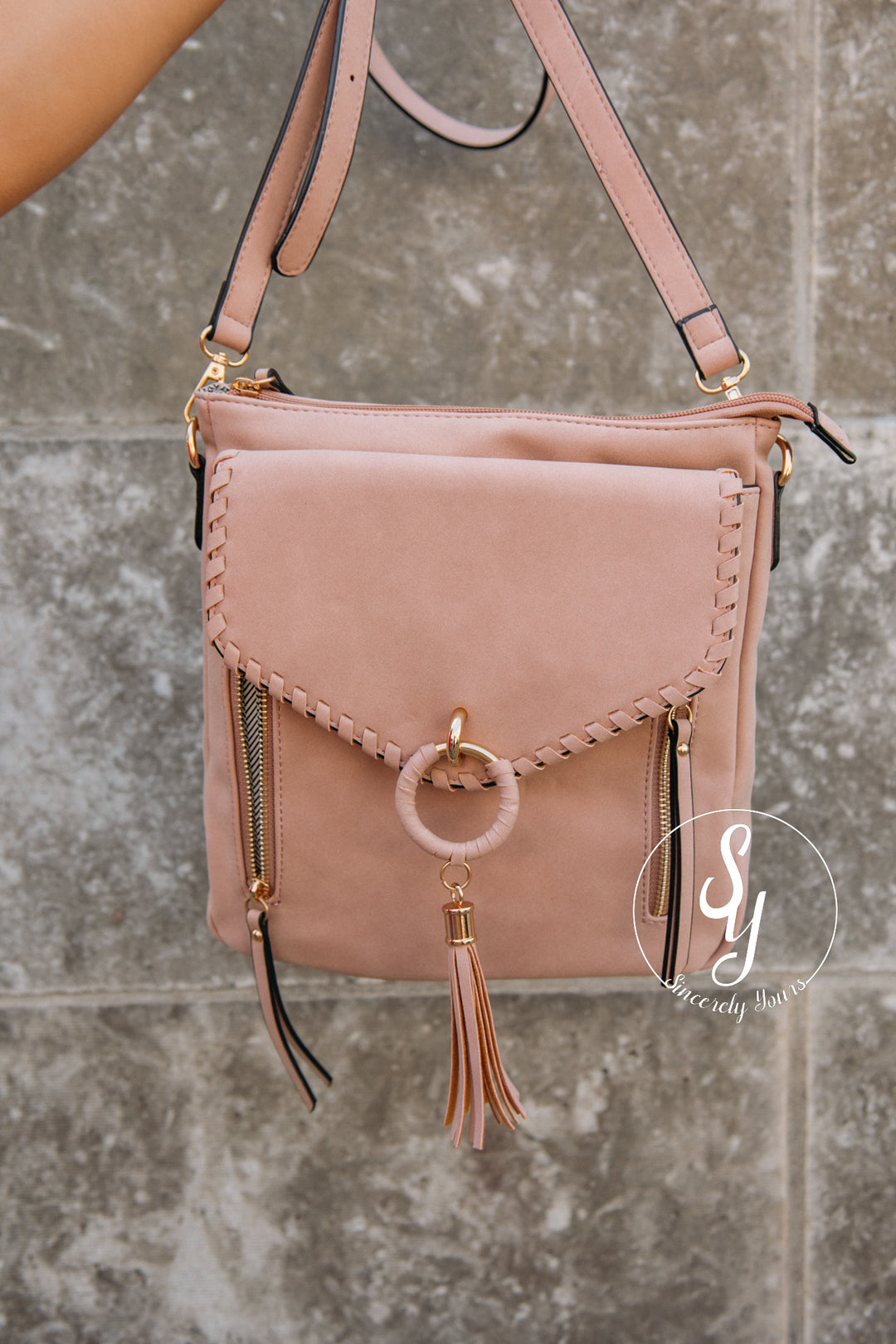 Layla Faux Suede Whipstitch Crossbody - Mauve