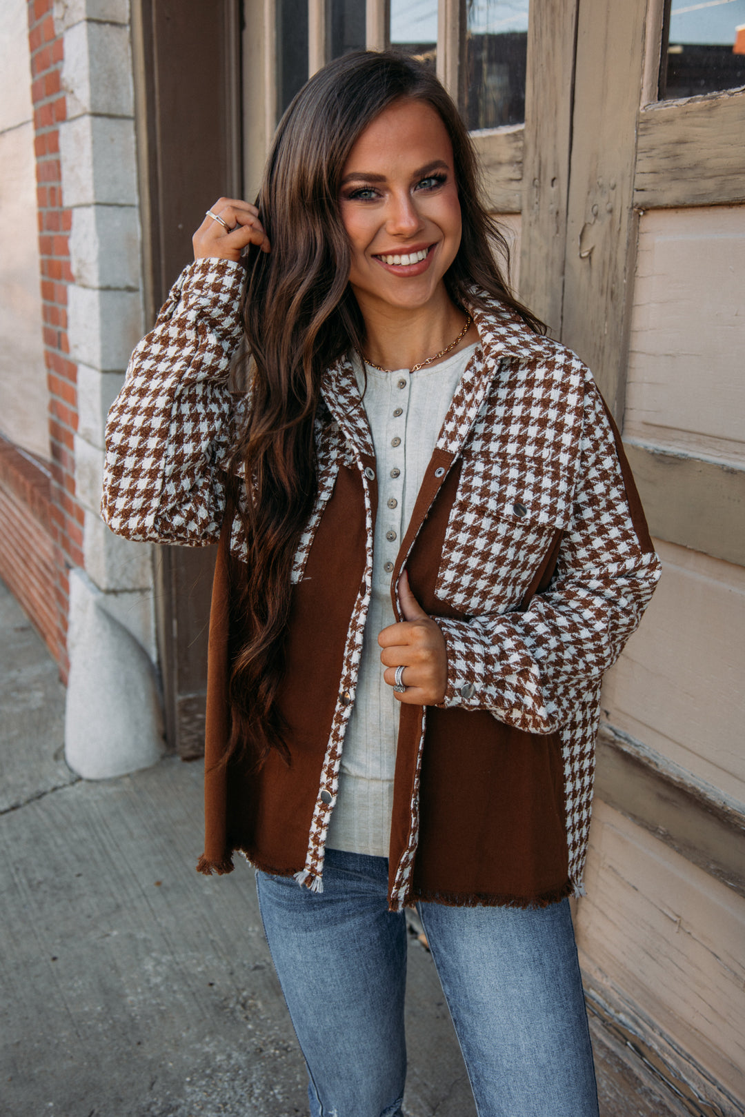 DOORBUSTER: She Is The One Houndstooth Jacket -Brown