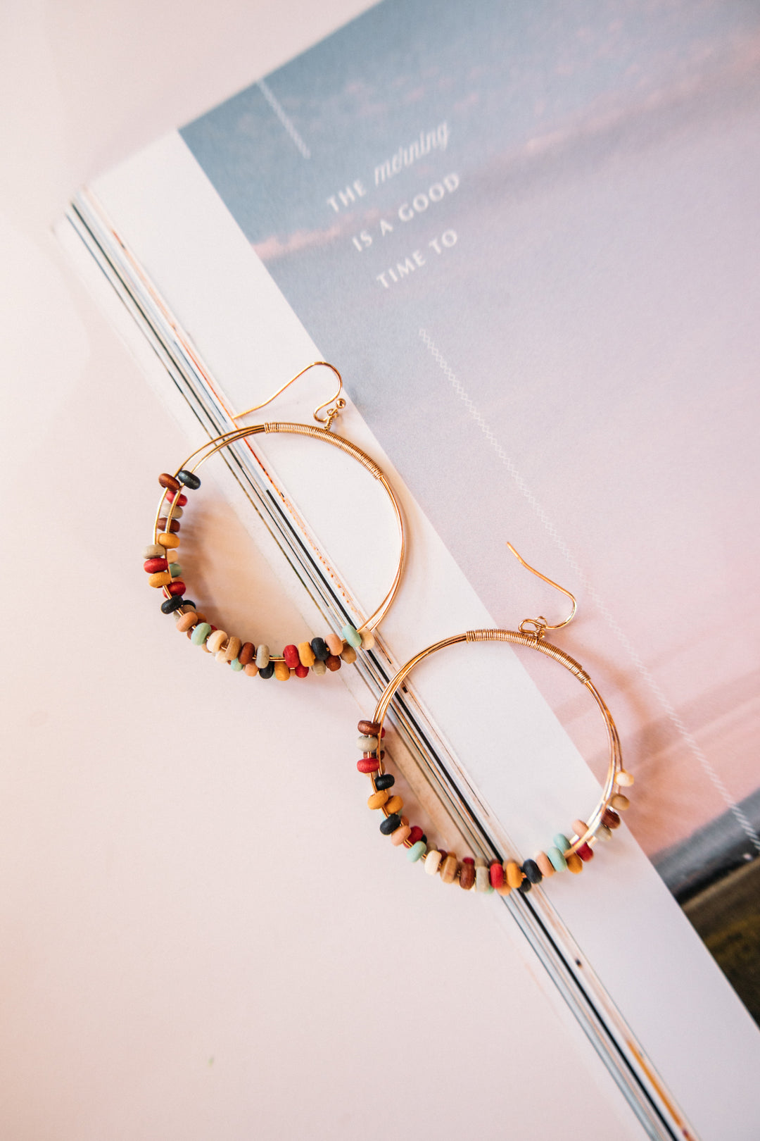 Multi Wood Beaded Hoops -Gold