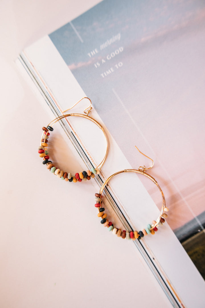 Multi Wood Beaded Hoops -Gold