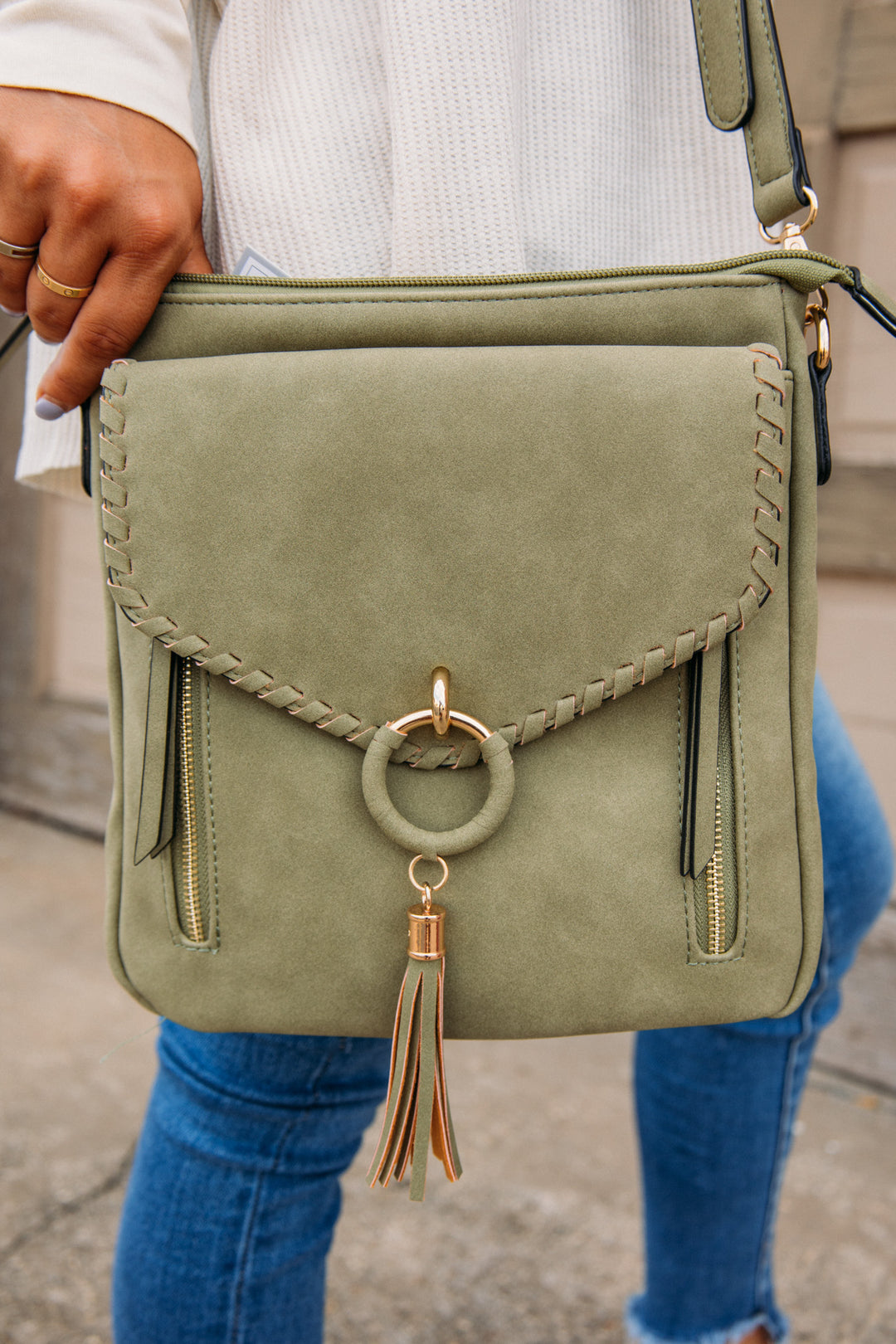 Layla Faux Suede Whipstitch Crossbody - Olive