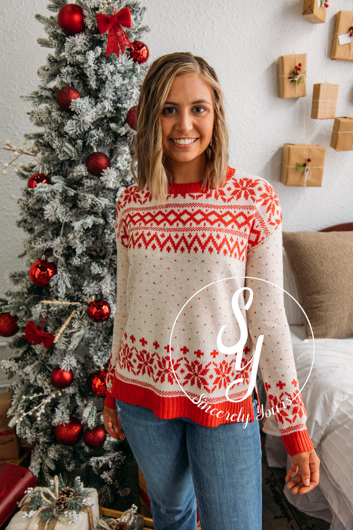 First Snow Feelings Sweater-Ivory/Red