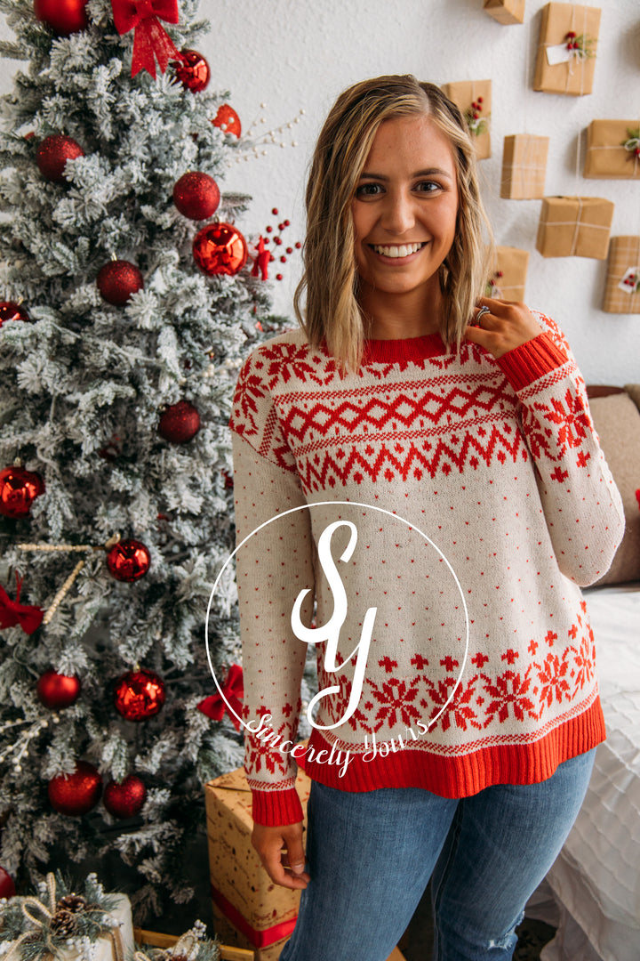 First Snow Feelings Sweater-Ivory/Red