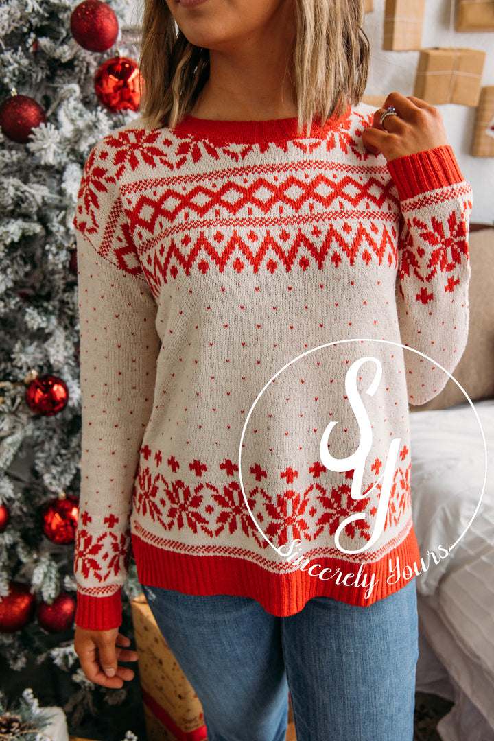 First Snow Feelings Sweater-Ivory/Red