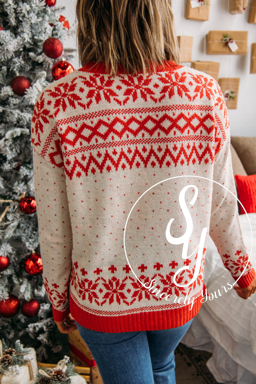 First Snow Feelings Sweater-Ivory/Red