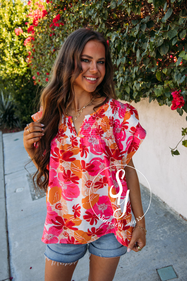 Weekend Floral Blouse- White/Orange