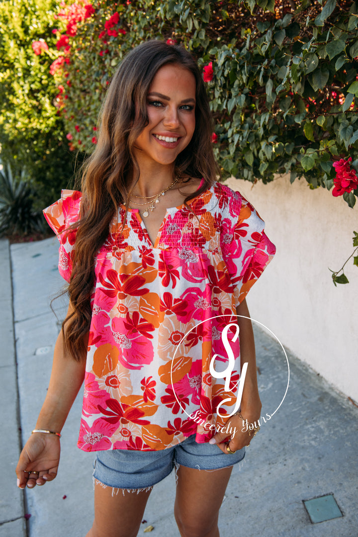 Weekend Floral Blouse- White/Orange