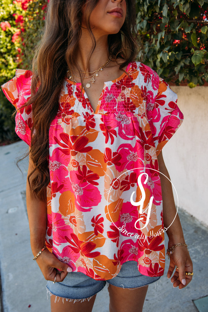 Weekend Floral Blouse- White/Orange