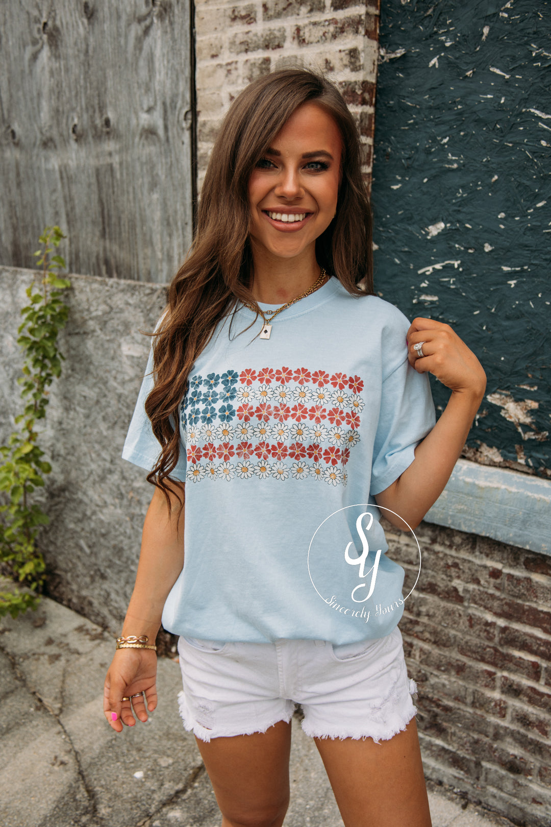 Red, White, and Floral Tee - Chambray