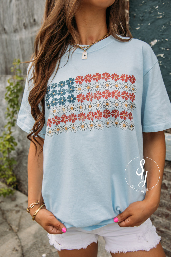 Red, White, and Floral Tee - Chambray