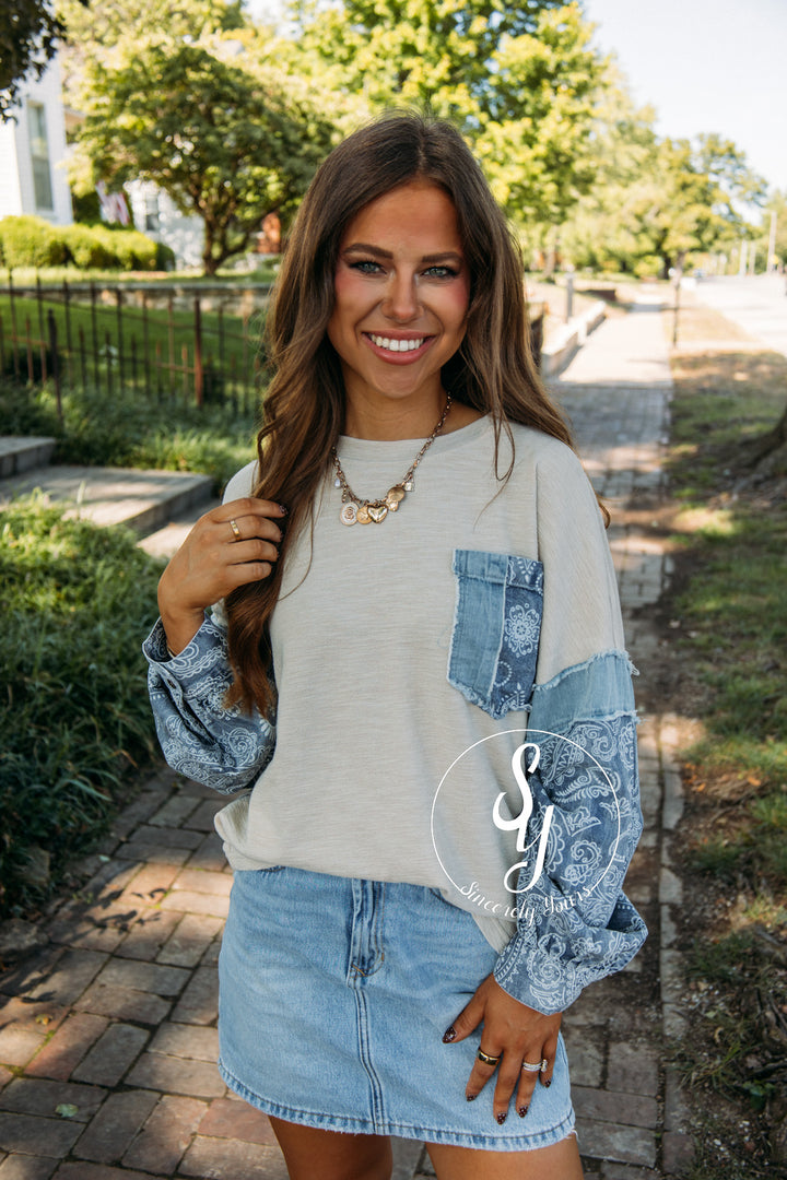 Denim Paisley Top- Khaki