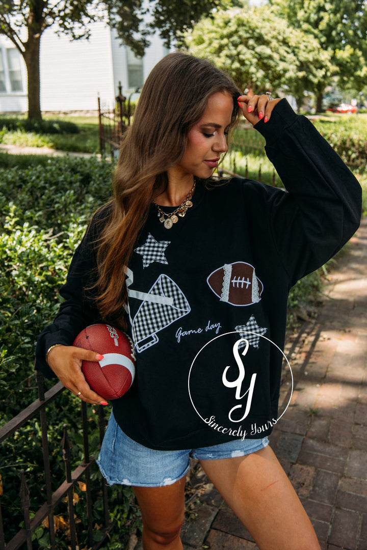 Gameday Patchwork Crewneck -Black