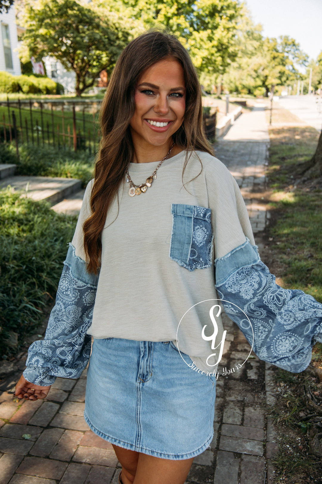 Denim Paisley Top- Khaki