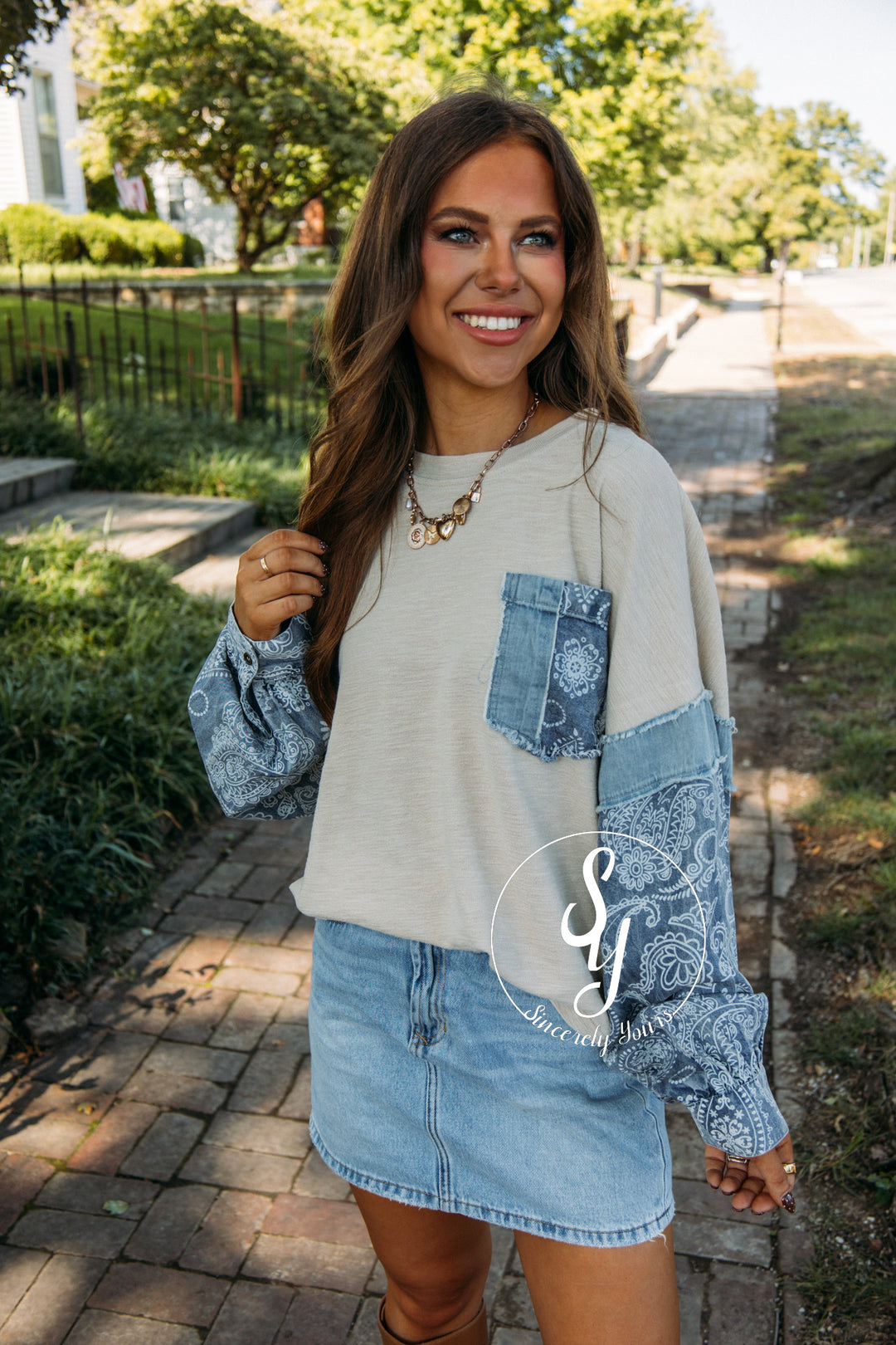 Denim Paisley Top- Khaki