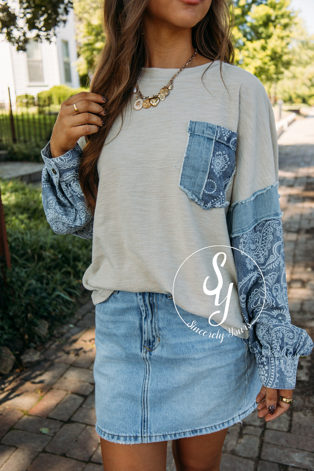 Denim Paisley Top- Khaki