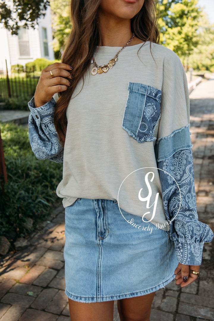 Denim Paisley Top- Khaki