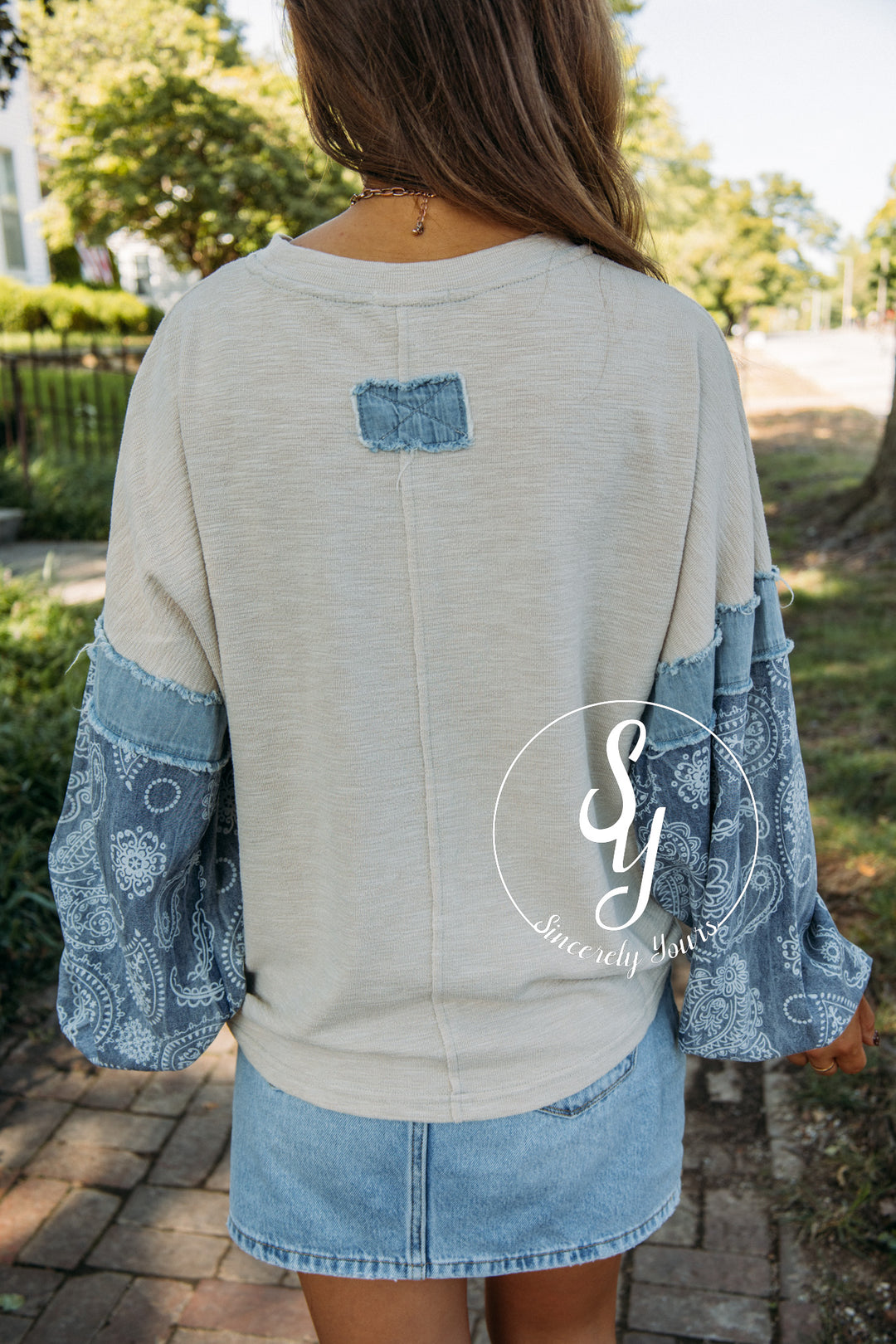 Denim Paisley Top- Khaki